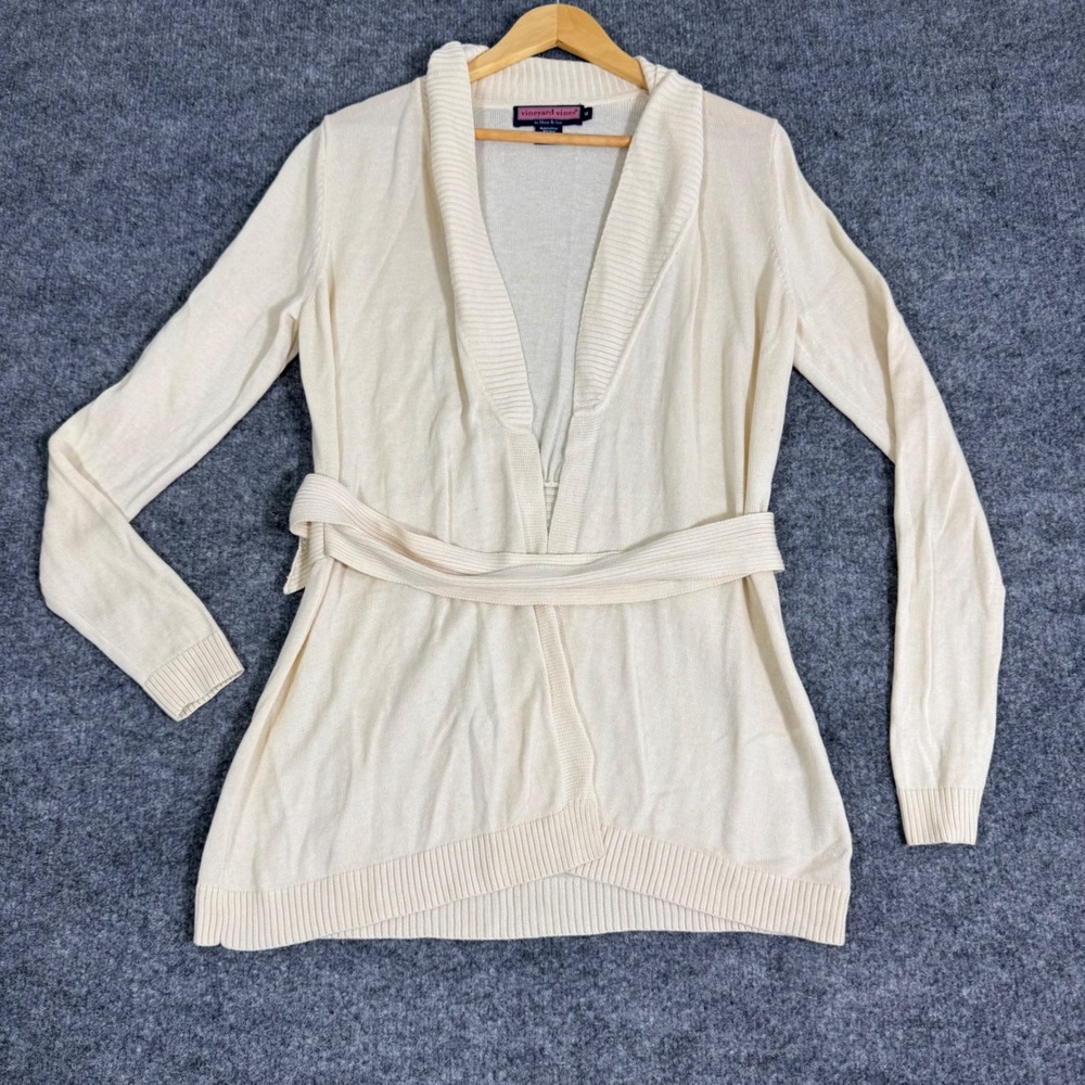 Vineyard Vines Cardigan Shawl Collar Belted Womens M Cream Wool Cashmere EUC